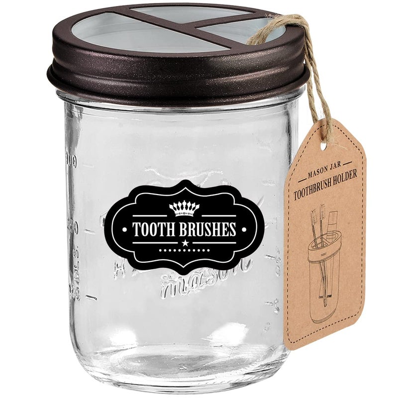 Komashr Mason Jar Toothbrush Holder -Bronze - with 16 Ounce Mason Jar,Premium Rustproof 304 Stainless Steel Lid and Chalkboard Labels - Rustic Farmhouse Decor Black Bathroom Accessories - Image 1